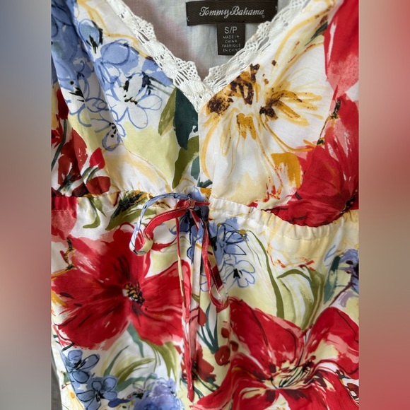 Tommy Bahama Cotton Silk Floral Drawstring Vneck Gathered Straps Small Dress - Picture 3 of 6
